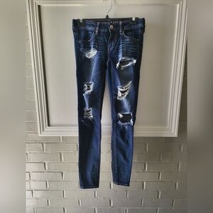 American Eagle Outfitters Women's Ripped Dark Blue Super Stretch Jeans Size 4